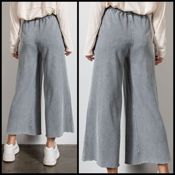 📌 EASEL "The Originals" Mineral Wash Wide Leg Drawstring Pants Pockets Raw Hems - Picture 3 of 15